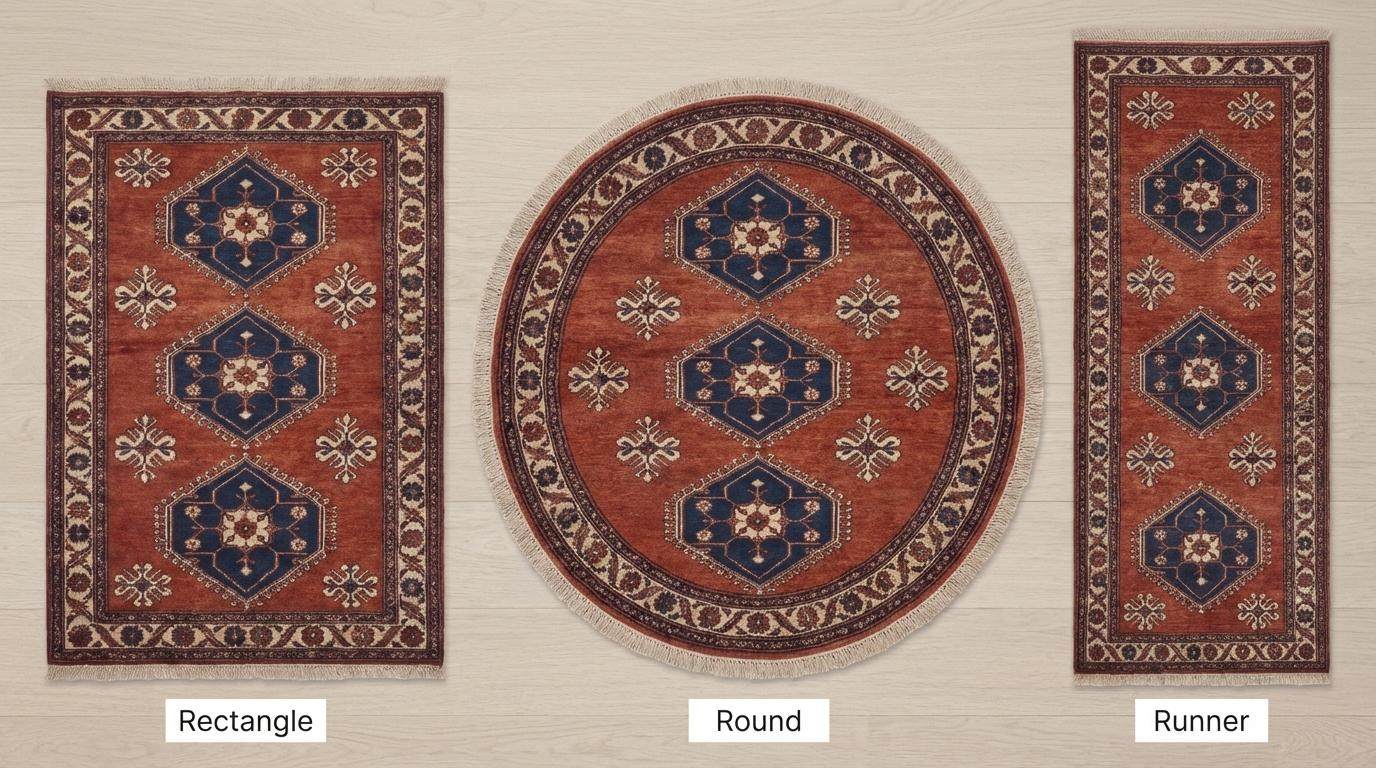 Rust red tribal hand knotted wool rug with geometric Kazak design in living room setting