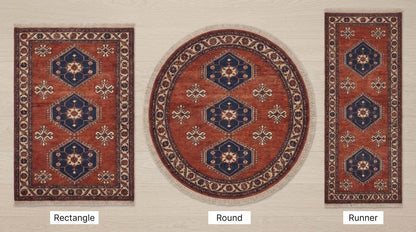 Rust red tribal hand knotted wool rug with geometric Kazak design in living room setting