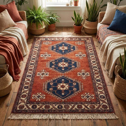 Rust red tribal hand knotted wool rug with geometric Kazak design for living room decor