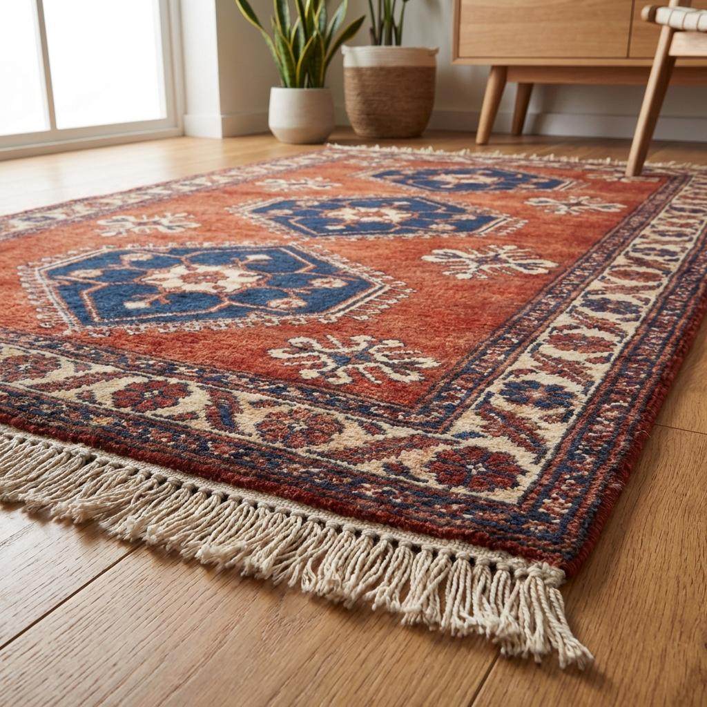 Rust red tribal hand knotted wool rug with geometric Kazak design for living room decor