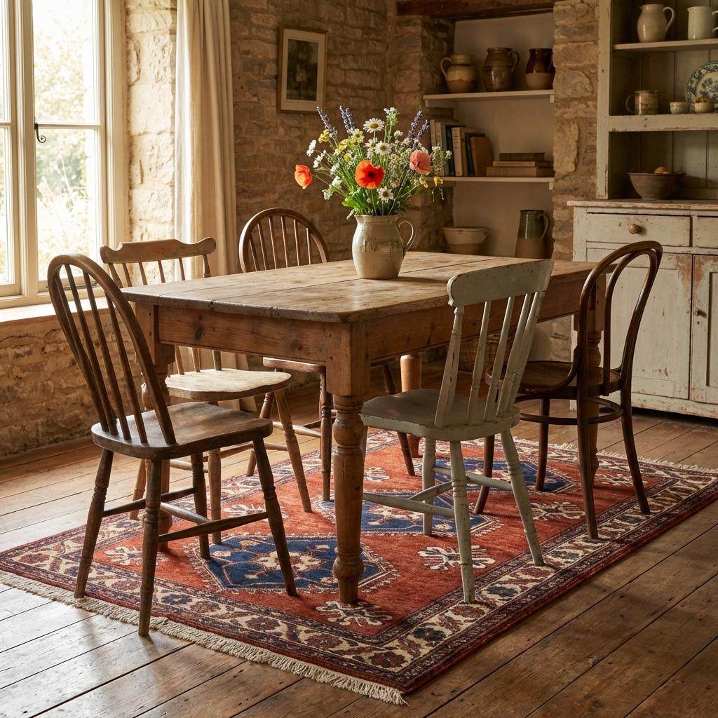 Rust red tribal hand knotted wool rug with geometric Kazak design in living room setting