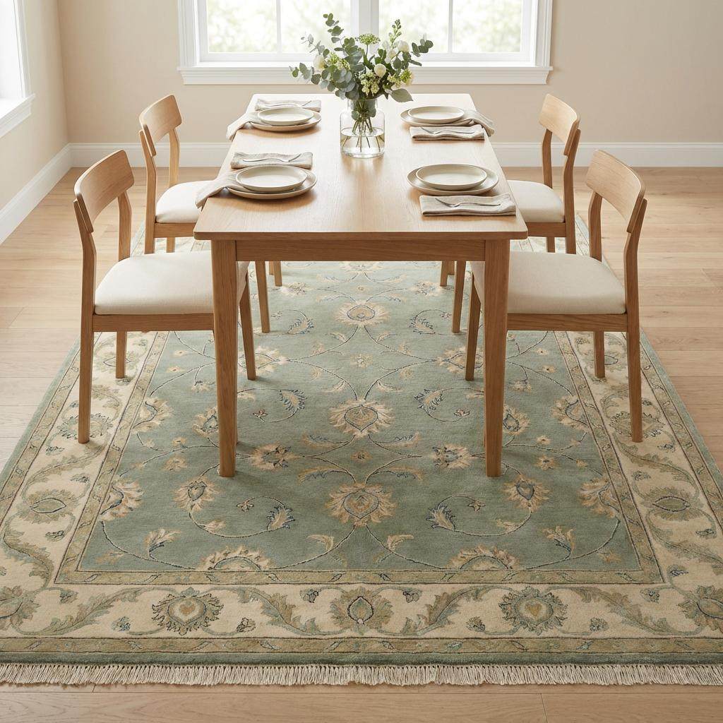 Sage green hand-knotted Oushak wool rug with muted floral design and fringe, authentic Turkish style for living room decor