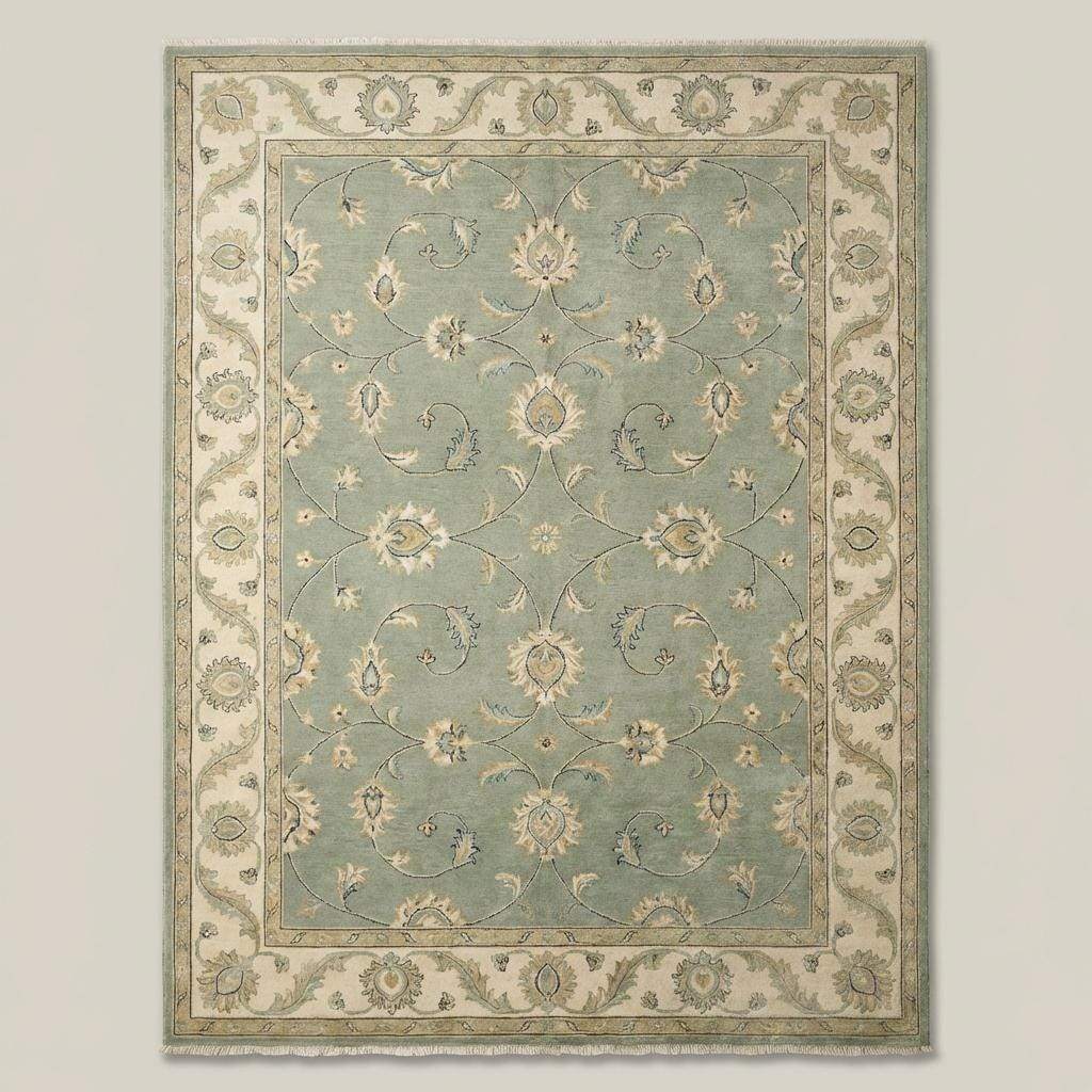 Sage green hand knotted Oushak wool rug with muted floral botanical design, authentic Turkish style 8x10 area carpet