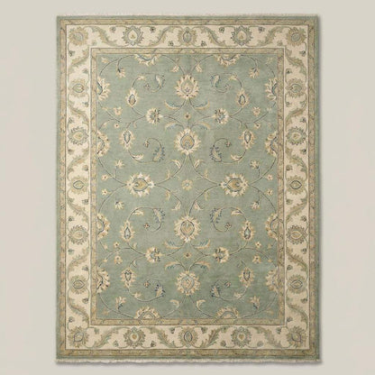 Sage green hand knotted Oushak wool rug with muted floral botanical design, authentic Turkish style 8x10 area carpet
