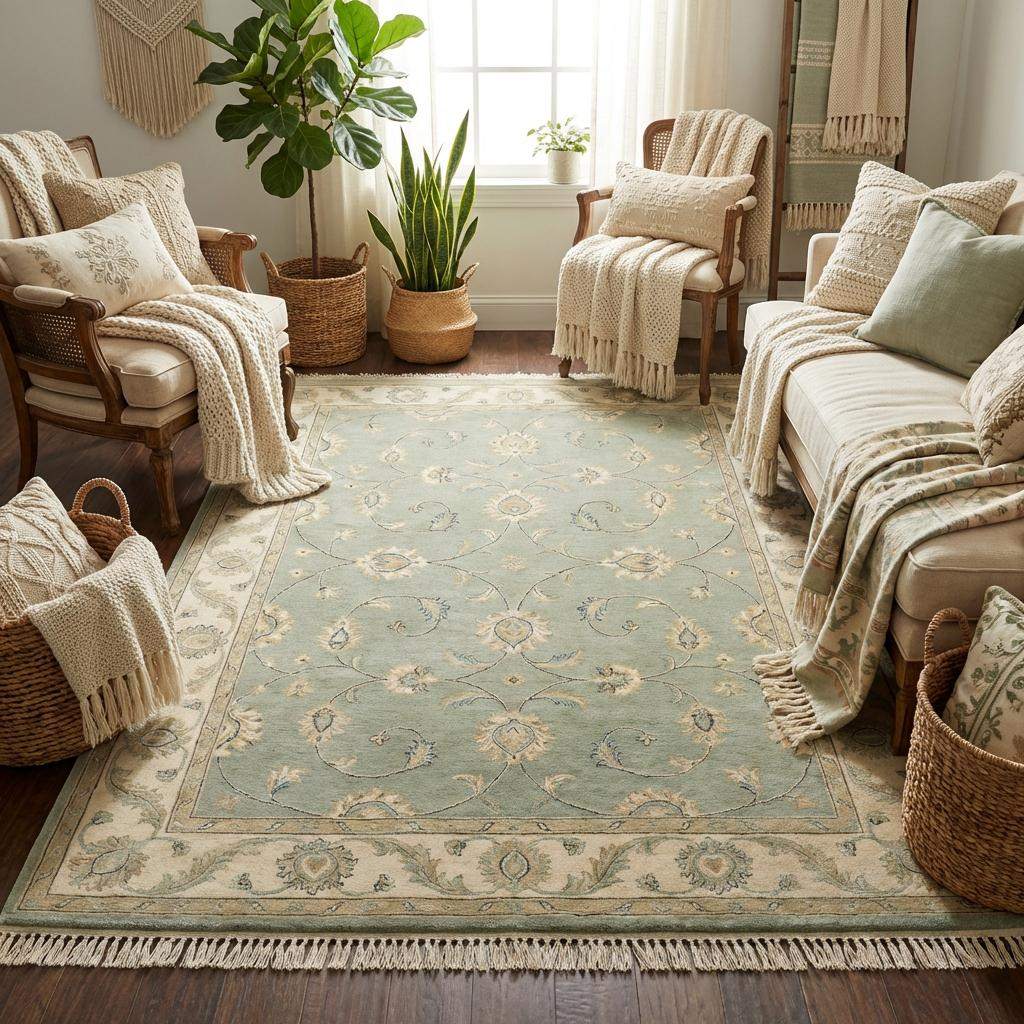 Sage green hand-knotted Oushak rug with muted floral motifs and vintage wool pile, authentic Turkish style heirloom carpet for living room decor.
