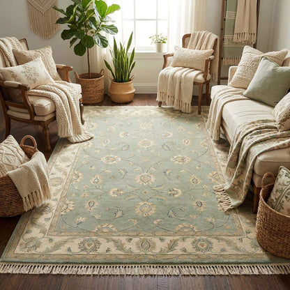 Sage green hand-knotted Oushak rug with muted floral motifs and vintage wool pile, authentic Turkish style heirloom carpet for living room decor.