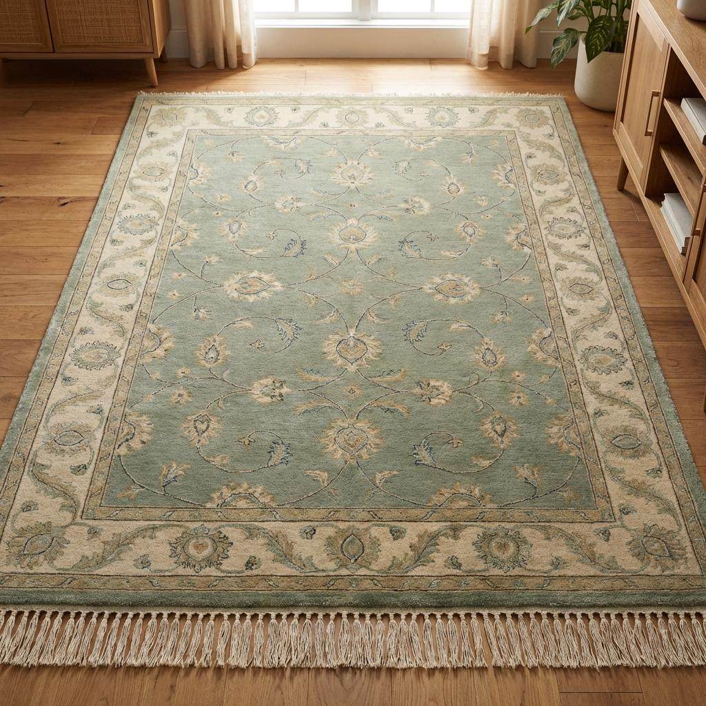 Sage green hand-knotted Oushak rug with muted floral botanical design in wool for living room decor