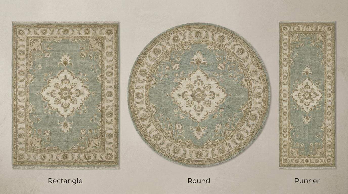 Hand knotted sage green Oushak wool rug with floral medallion design