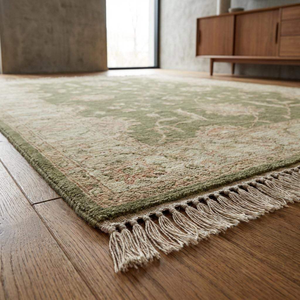 Sage green Oushak hand-knotted wool area rug with vintage floral motifs and artisan fringe edges