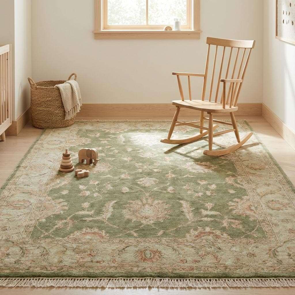 Sage green Oushak hand-knotted wool area rug with vintage floral design and artisan fringe edges