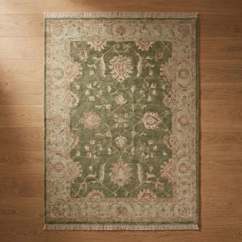 Sage Green Oushak hand-knotted wool area rug with vintage floral design and fringe edges
