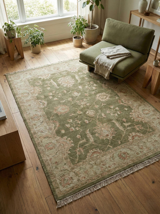 Hand knotted sage green Oushak wool area rug with vintage floral motifs in bright living room setting