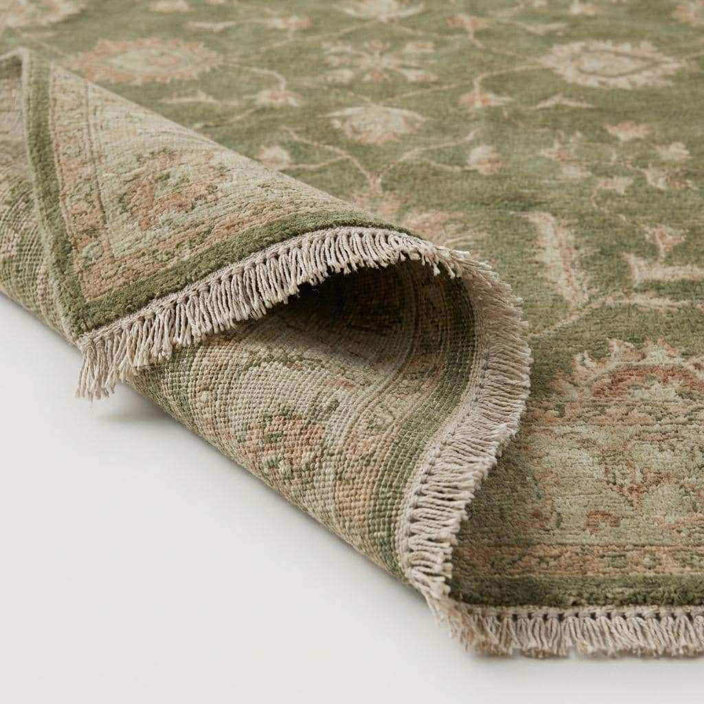 Sage green Oushak hand-knotted wool area rug with vintage floral design and artisan fringe edges