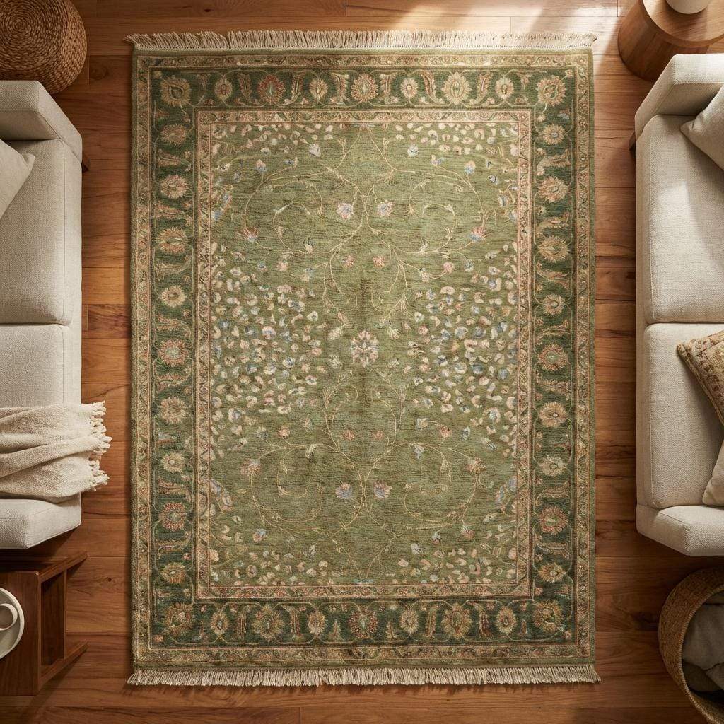Sage Green Oushak Hand Knotted Wool Area Rug for Living Room
