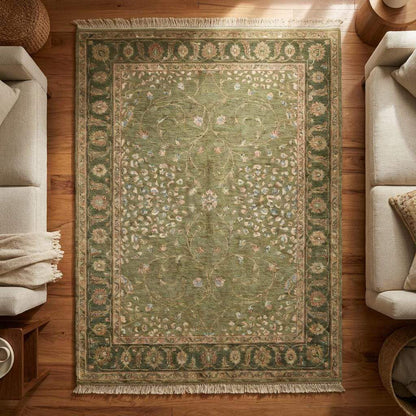 Sage Green Oushak Hand Knotted Wool Area Rug for Living Room
