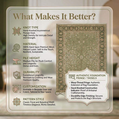 Sage Green Oushak Hand Knotted Wool Area Rug for Living Room