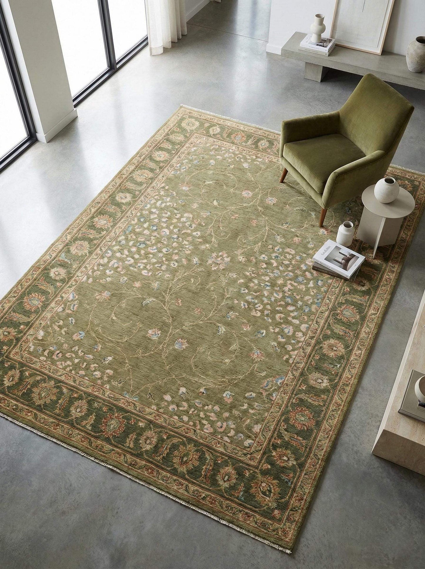 Sage Green Oushak hand knotted wool area rug with floral design for living room decor