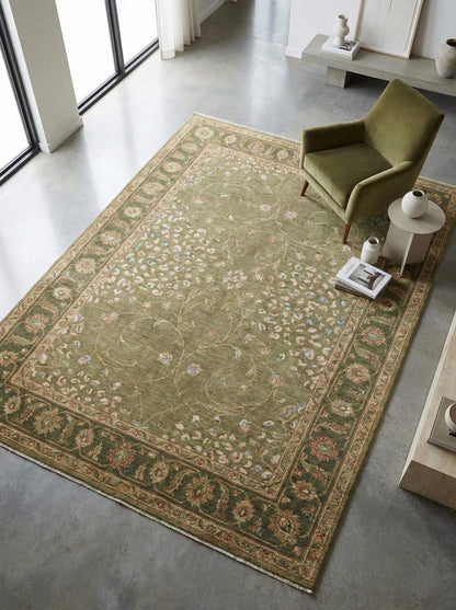 Sage Green Oushak hand knotted wool area rug with floral design for living room decor