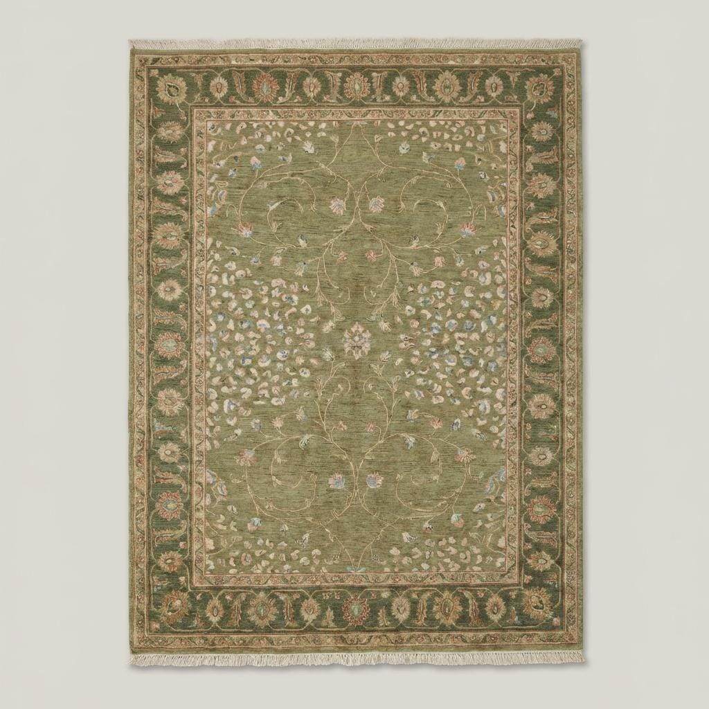 Traditional Oushak style wool rug with muted green field and decorative floral border
