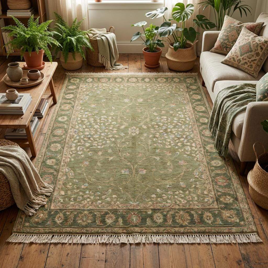 Handmade wool area rug styled in minimalist interior with neutral furniture and soft lighting