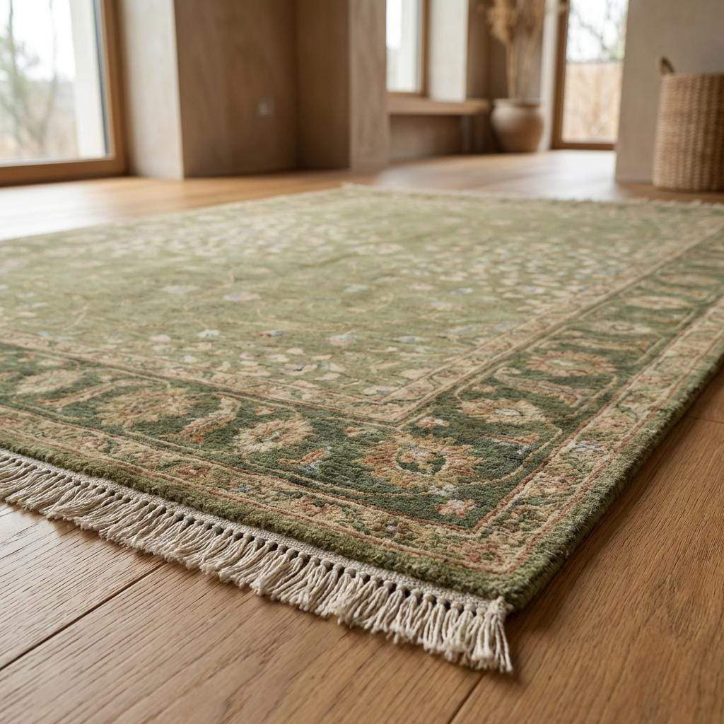 Floral hand knotted wool rug with Turkish inspired design and calming green palette