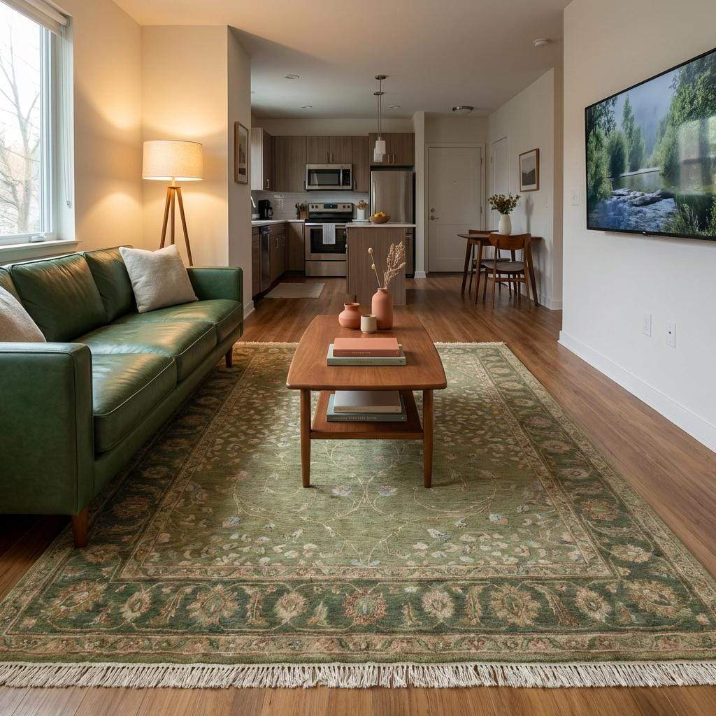 Artisan hand knotted sage green rug suitable for living room or bedroom décor