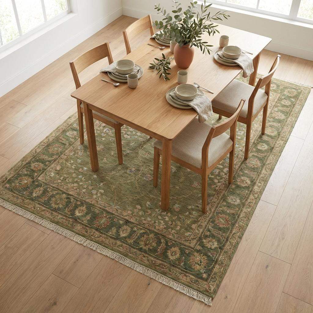 Sage Green Oushak Hand Knotted Wool Area Rug for Living Room