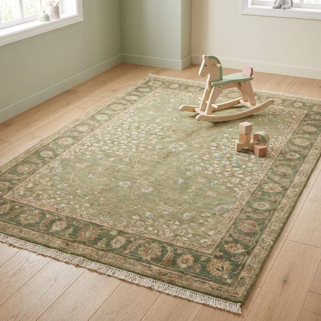 Sage Green Oushak Hand Knotted Wool Area Rug for Living Room