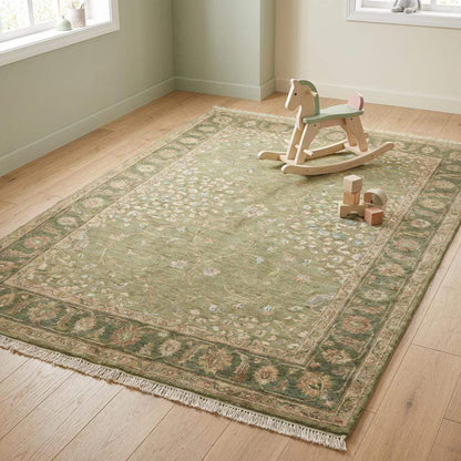 Sage Green Oushak Hand Knotted Wool Area Rug for Living Room