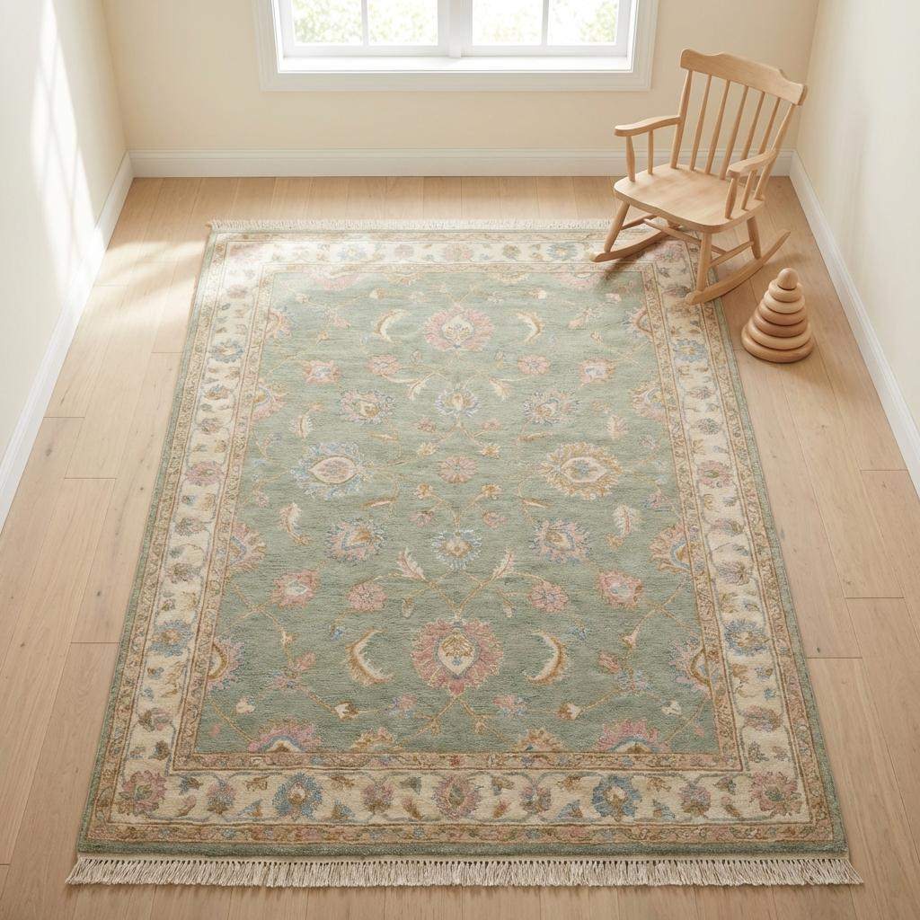 Large sage green floral Oushak rug creating a warm traditional focal point in modern living space __etsy:7784991298