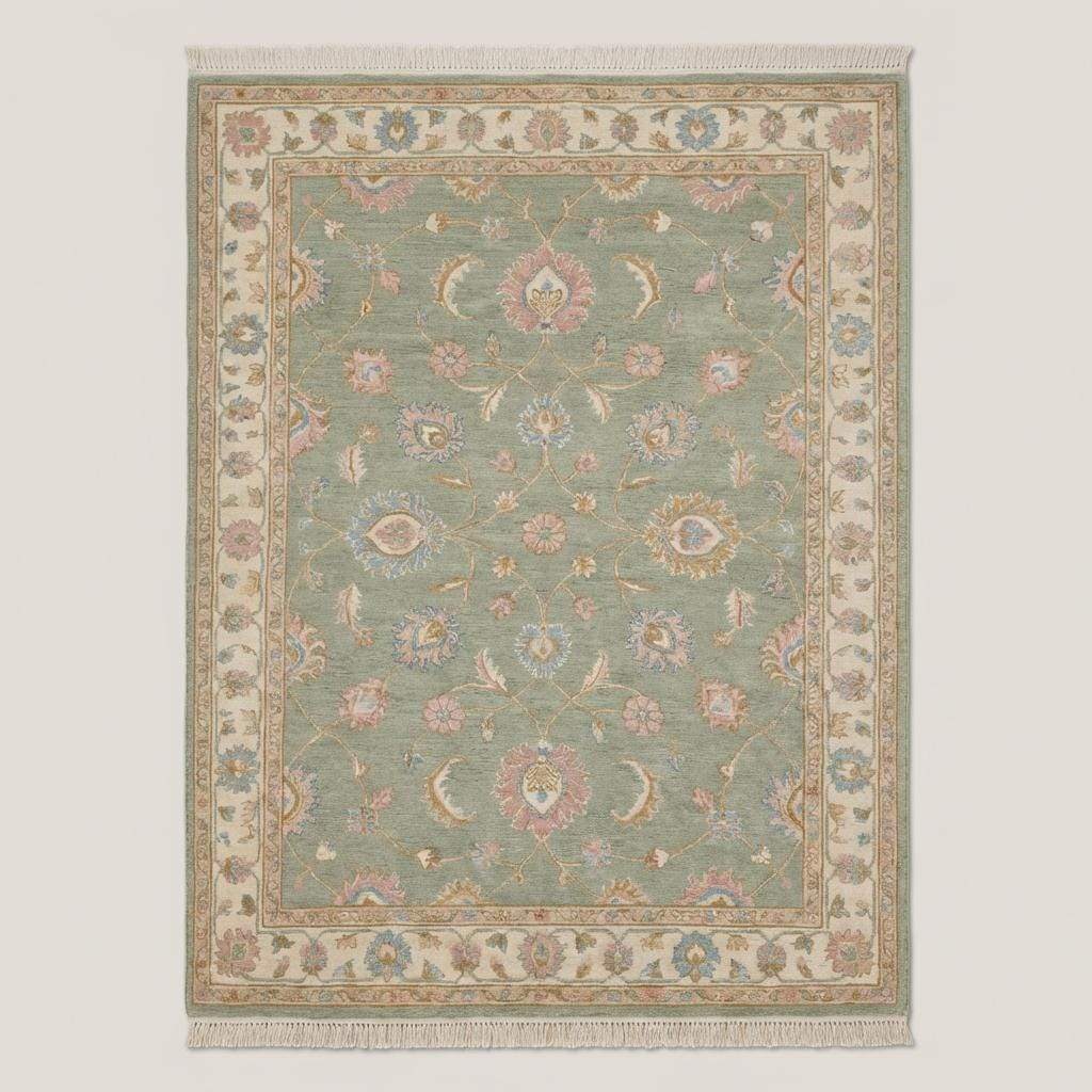 Vintage style sage green Oushak area rug with blush floral accents styled beside a green accent chair __etsy:7832919907