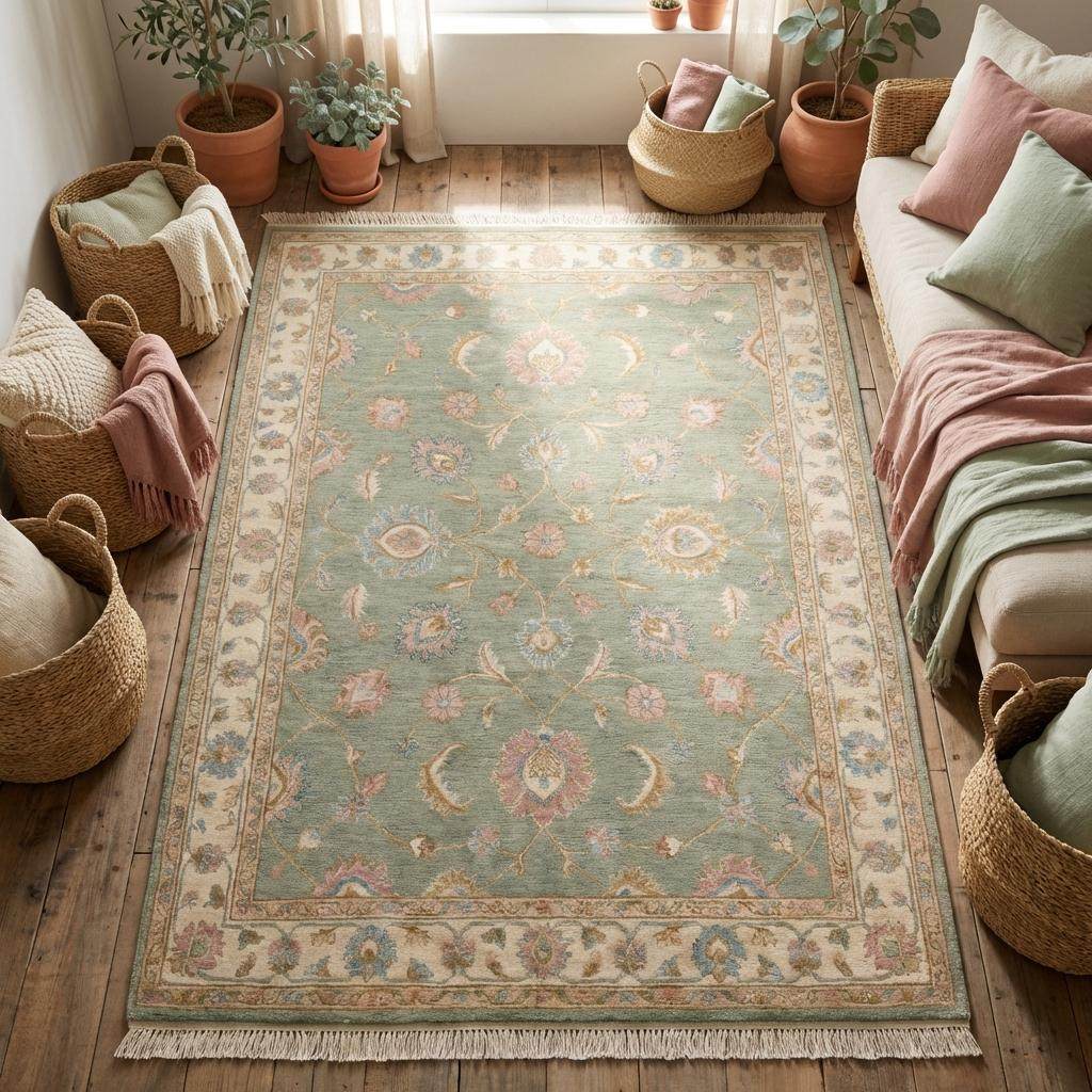 Traditional floral Oushak rug featuring sage green background and ivory border on hardwood floor __etsy:7784991246