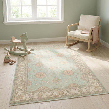 Sage Green Oushak knotted Floral Wool Area Rug, Soft Turkish Handmade Style