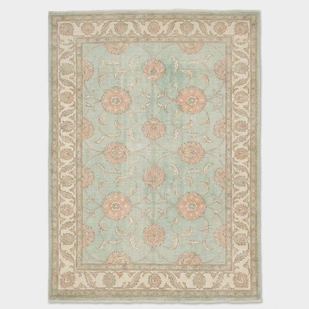 Sage Green Oushak knotted Floral Wool Area Rug, Soft Turkish Handmade Style