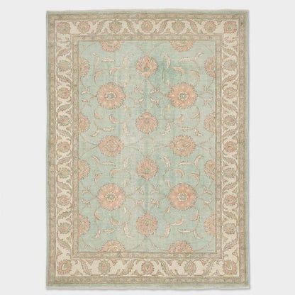 Sage Green Oushak knotted Floral Wool Area Rug, Soft Turkish Handmade Style