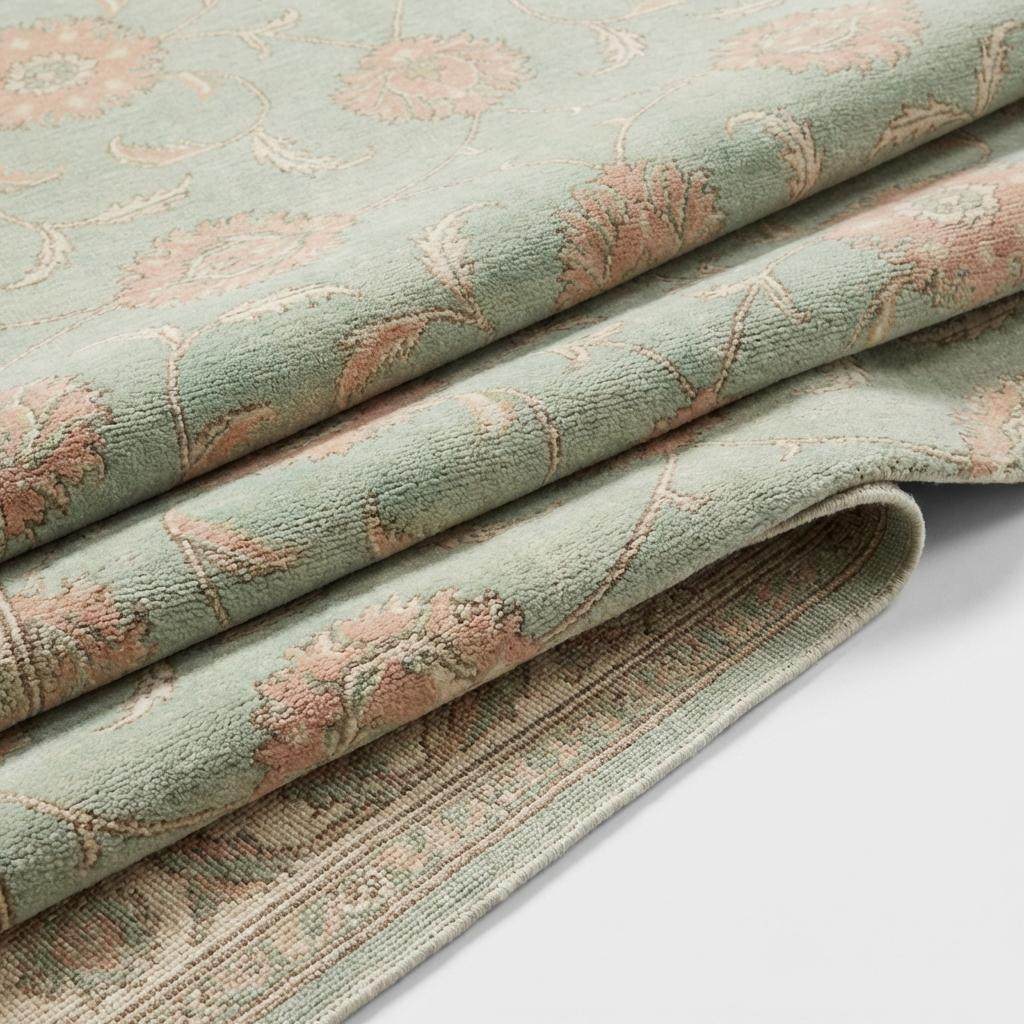 Sage Green Oushak knotted Floral Wool Area Rug, Soft Turkish Handmade Style