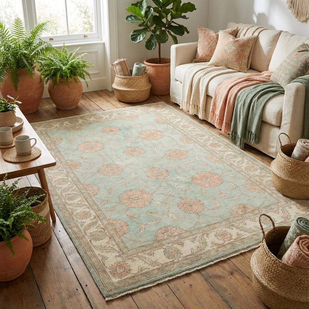 Traditional Turkish-style Oushak rug featuring an all-over floral vine design and classic bordered frame in pastel colors.