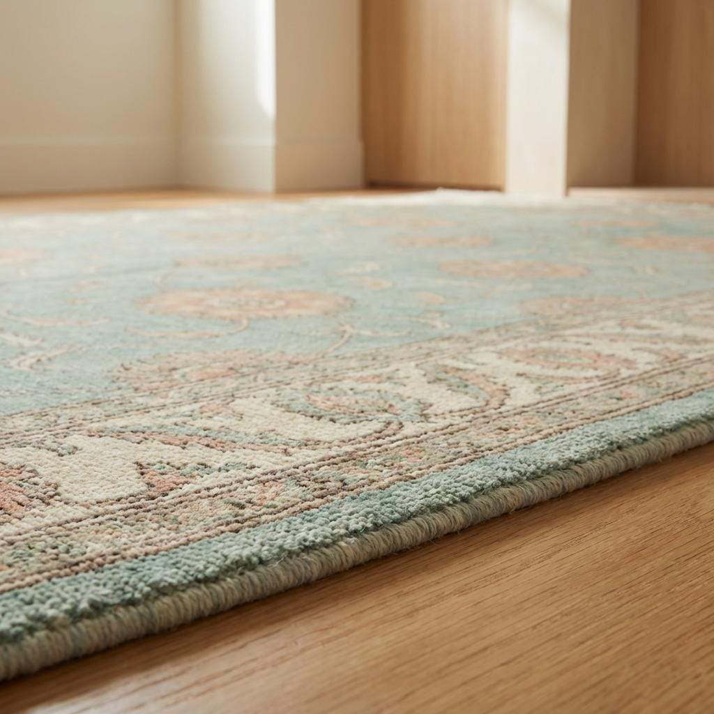 Sage Green Oushak knotted Floral Wool Area Rug, Soft Turkish Handmade Style