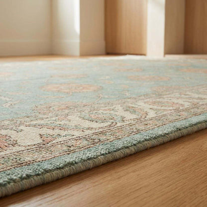 Sage Green Oushak knotted Floral Wool Area Rug, Soft Turkish Handmade Style