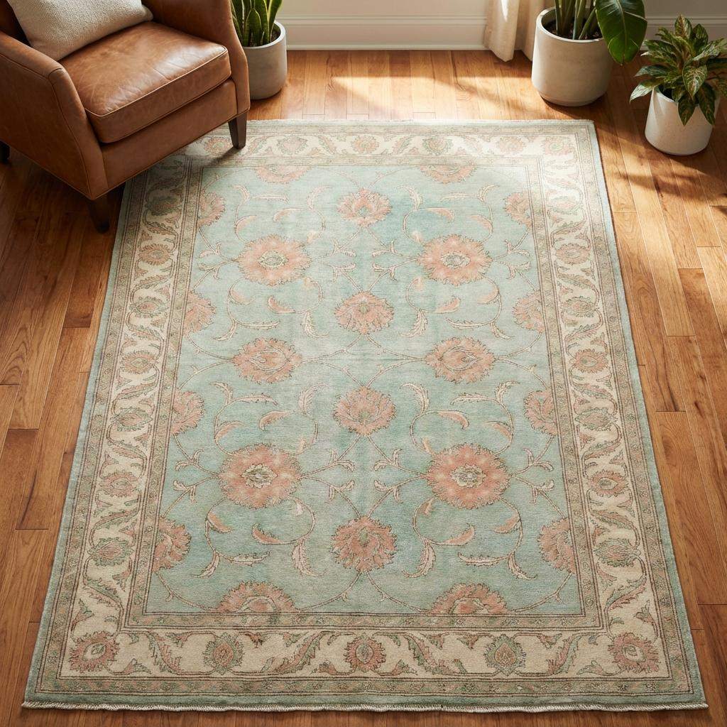 Elegant sage green floral area rug styled for living room décor, showcasing handmade craftsmanship and balanced pattern layout.