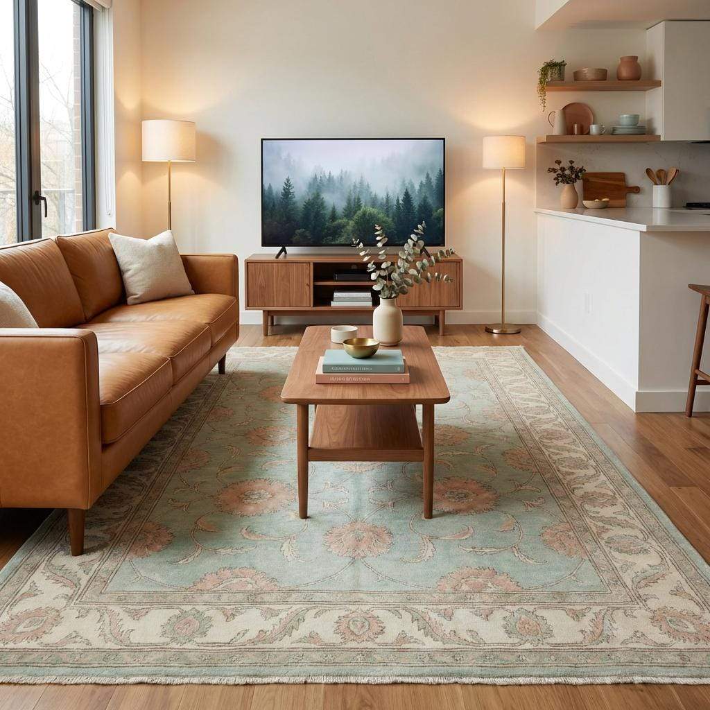 Rectangular hand knotted wool rug with subtle abrash and artisanal color variation, highlighting natural dye appearance.