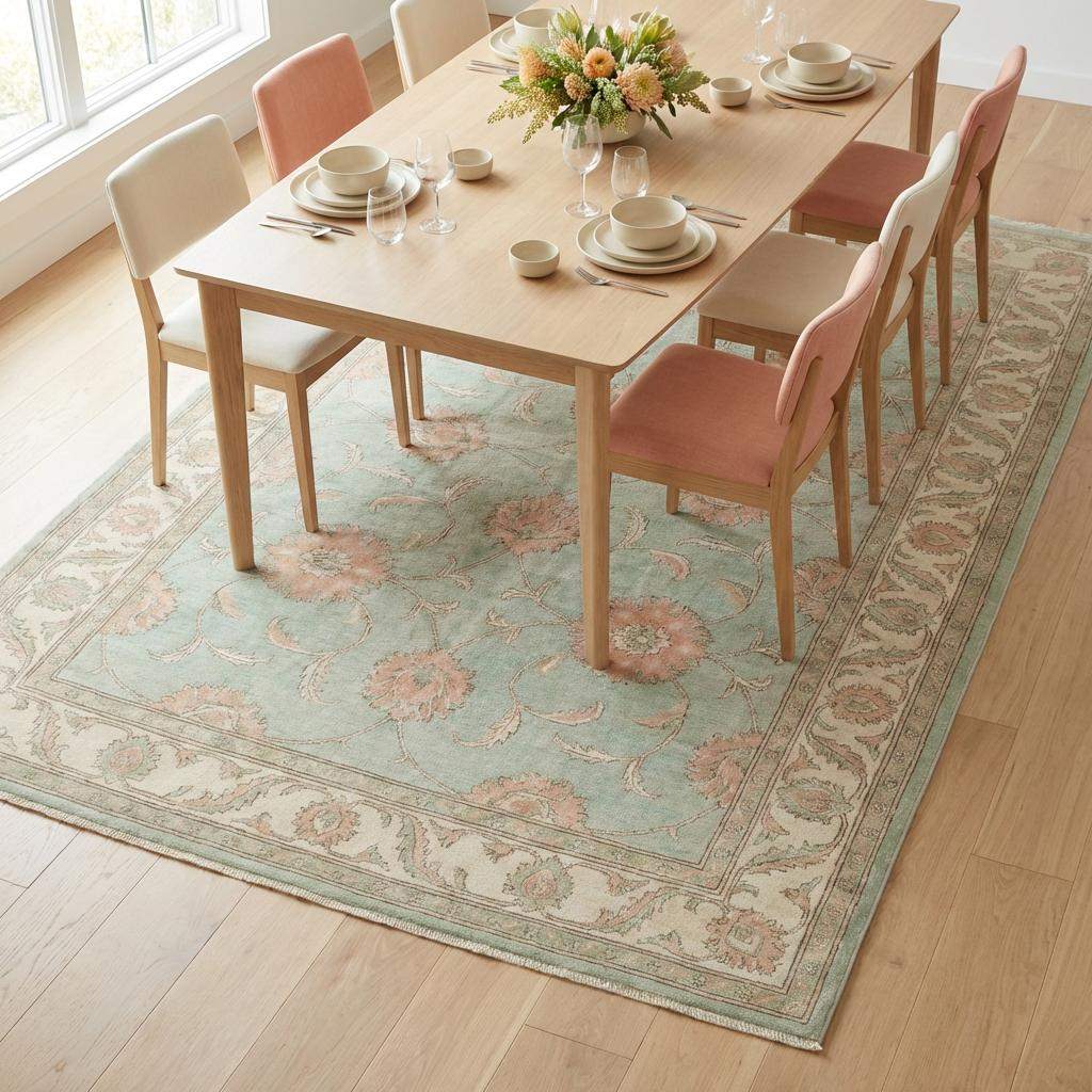 Pastel Oushak wool rug with detailed border and floral motifs, ideal for bedroom or transitional home interiors.