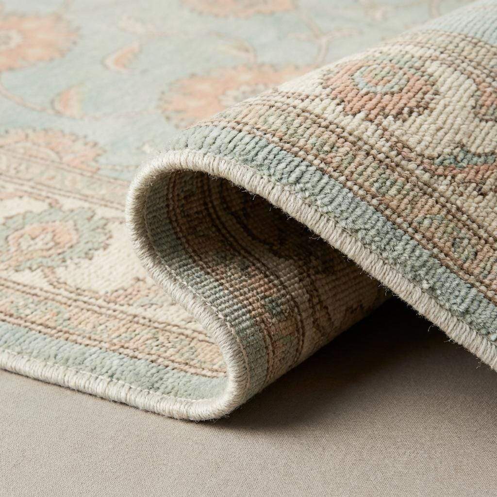 Sage Green Oushak knotted Floral Wool Area Rug, Soft Turkish Handmade Style