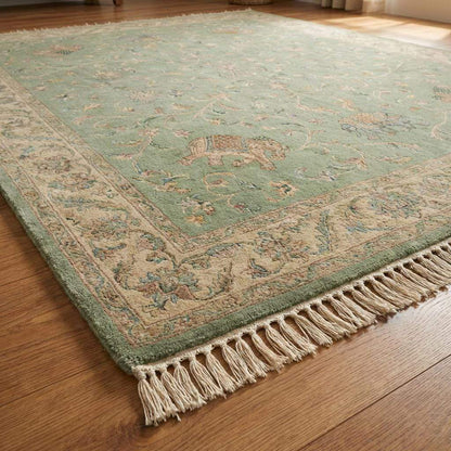 Sage Green Persian Wool Area Rug with Floral Elephant Motifs