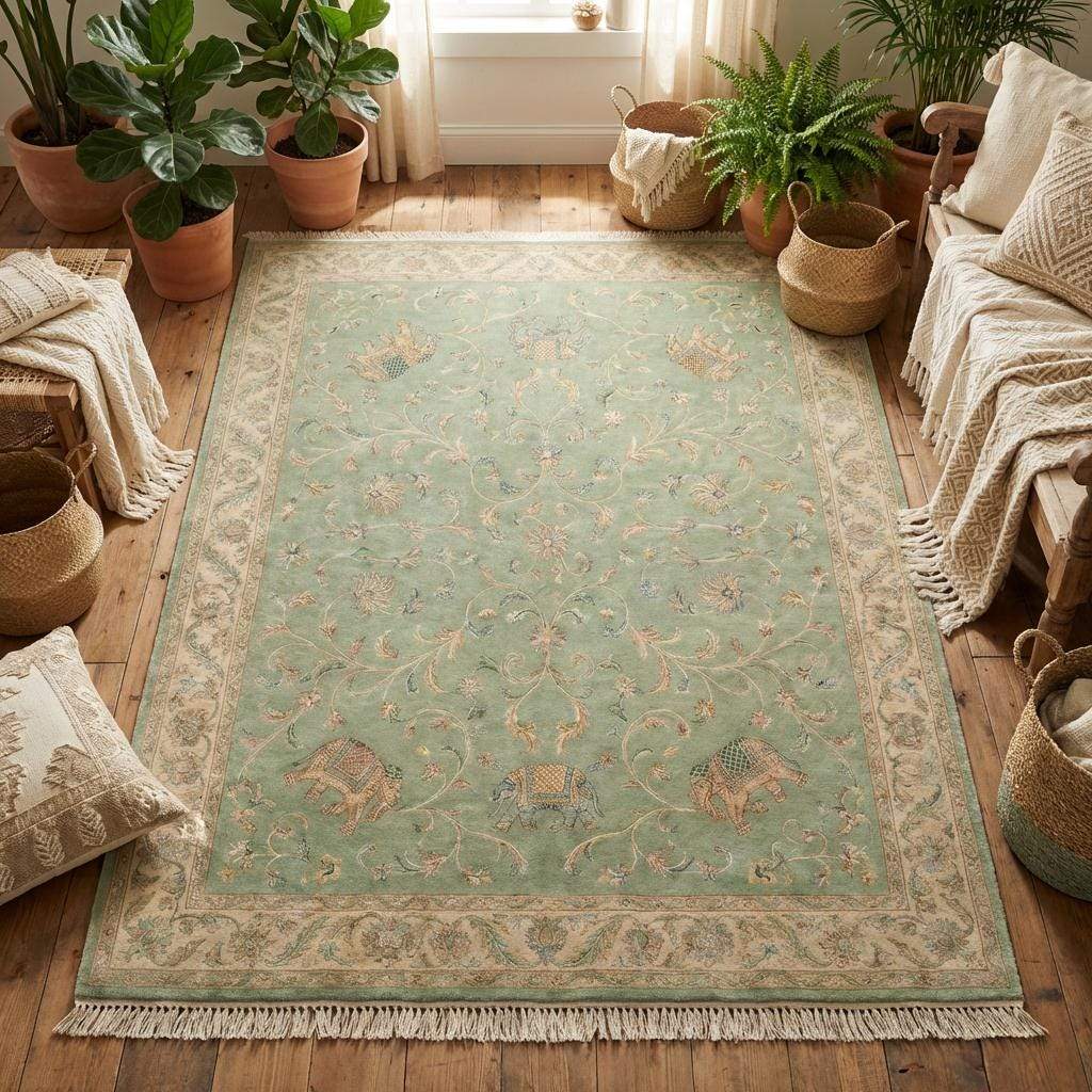 Floral hand-knotted area rug with soft sage green background and ivory border