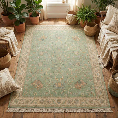 Floral hand-knotted area rug with soft sage green background and ivory border