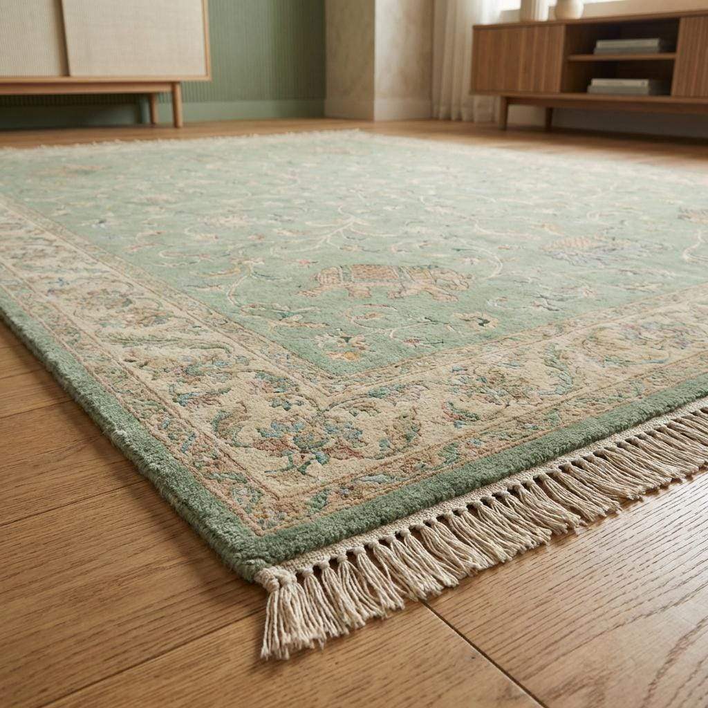 Sage Green Persian Wool Area Rug with Floral Elephant Motifs