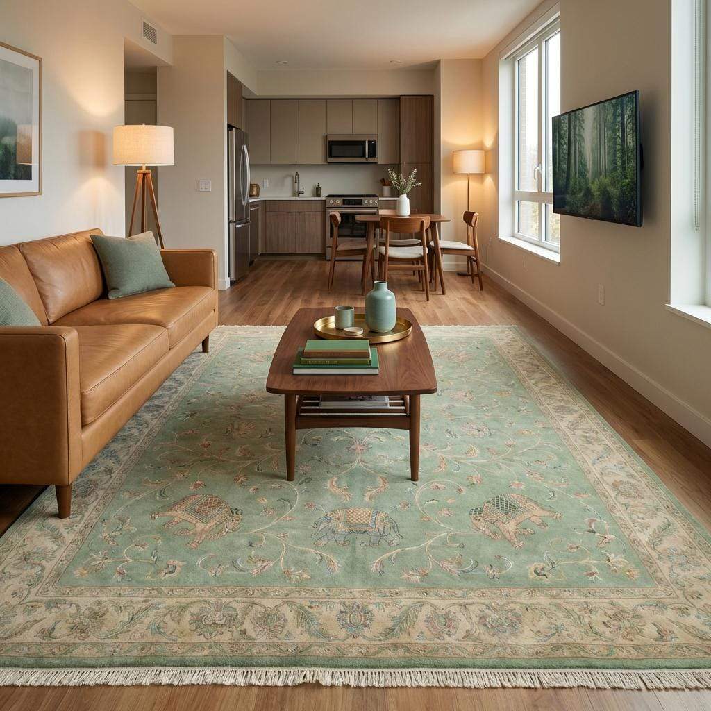Large wool area rug featuring classic oriental design and elephant details