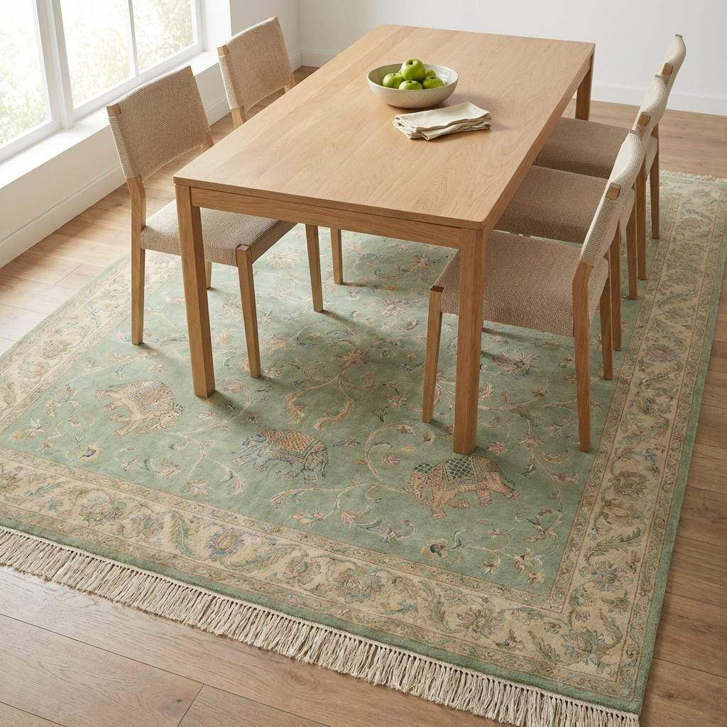 Sage Green Persian Wool Area Rug with Floral Elephant Motifs