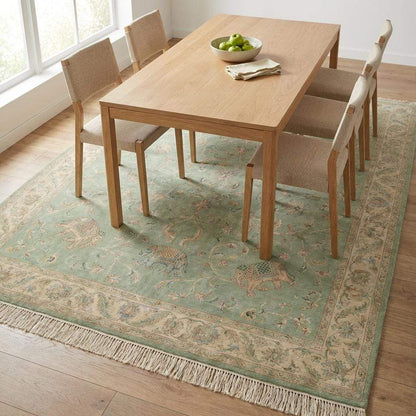 Sage Green Persian Wool Area Rug with Floral Elephant Motifs